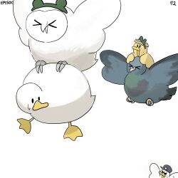 Rule 34 | &gt; &lt;, bird, bottle cap, carrying, diva (hyxpk), duck, duckling, fleeing, flying, frog headband, hat, highres, no humans, numbered, original, owl, pigeon, police hat, riding, simple background, white background