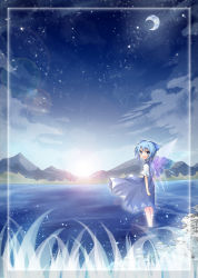 Rule 34 | 1girl, blue dress, blue eyes, blue hair, blush, bow, cirno, dress, female focus, framed, gradient background, grass, hair bow, hakobako, lake, lens flare, looking back, matching hair/eyes, moon, mountain, nature, night, night sky, open mouth, outdoors, plant, short hair, sky, solo, star (sky), touhou, water, wings