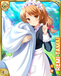 Rule 34 | 1girl, apron, black dress, bow, brown eyes, brown hair, card (medium), closed mouth, day, dress, girlfriend (kari), laundry, looking at viewer, low twintails, maid, maid apron, maid headdress, mansion, official art, outdoors, qp:flapper, smile, socks, solo, standing, tagme, tamai remi, tanabata, twintails