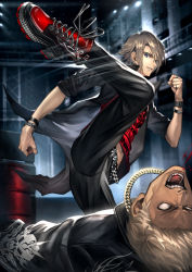 Rule 34 | 2boys, belt, belt buckle, black jacket, blonde hair, blood, blood from mouth, blue eyes, bracelet, brown hair, buckle, clenched hand, earrings, fighting, fingernails, gold necklace, jacket, jewelry, kicking, leg up, lights, multiple boys, navel, necklace, night, no pupils, original, outdoors, reckless dog, red footwear, ring, shoes, sleeves rolled up, sneakers, teeth, tongue, unconscious, yakuza