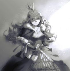 Rule 34 | 1girl, bad id, bad pixiv id, breasts, capelet, cleavage, collarbone, crown, dress, fingerless gloves, fur trim, gloves, gown, greyscale, jewelry, long hair, monochrome, original, princess, ring, sawana, smile, solo