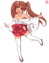 Rule 34 | 1girl, absurdres, alternate costume, artist logo, brown eyes, brown hair, commentary request, cosplay, dated, fang, full body, hair ribbon, hakama, hakama short skirt, hakama skirt, highres, hip vent, japanese clothes, kanon (kurogane knights), kantai collection, kimono, libeccio (kancolle), long hair, looking at viewer, miko, off shoulder, red hakama, ribbon, saki (manga), sandals, simple background, skirt, solo, standing, standing on one leg, tan, thighhighs, twintails, usuzumi hatsumi, usuzumi hatsumi (cosplay), white background, white thighhighs
