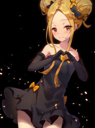Rule 34 | 1girl, abigail williams (fate), absurdres, black background, black bow, black dress, black gloves, blonde hair, blush, bow, collarbone, cowboy shot, double bun, dress, elbow gloves, fate/grand order, fate (series), gloves, hair bow, hair bun, heart, heart hands, highres, looking at viewer, orange bow, orange eyes, parted bangs, short dress, short hair with long locks, sidelocks, sleeveless, sleeveless dress, smile, solo, standing, strapless, strapless dress, tube dress, yellow bow, yonkumi (gatling033)