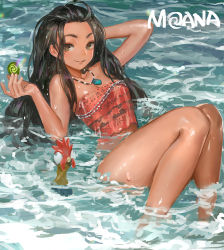Rule 34 | 1girl, animification, bandeau, bare arms, bare legs, bare shoulders, bird, black hair, breasts, brown eyes, canking, chicken, cleavage, copyright name, dark-skinned female, dark skin, disney, hair slicked back, hei hei (moana), jewelry, long hair, looking at viewer, moana (movie), moana waialiki, necklace, ocean, parted lips, partially submerged, shiny skin, small breasts, smile, solo, water, wet, wet hair