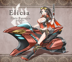 Rule 34 | 1girl, :d, black hair, breasts, bursting breasts, character name, cleavage, full body, glue, goggles, goggles on head, gradient hair, gun, handgun, holster, hover bike, large breasts, looking at viewer, multicolored hair, open mouth, pistol, pixiv fantasia, pixiv fantasia new world, riding, sitting, smile, straddling, weapon, zaxwu