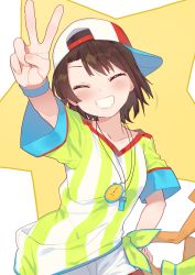 Rule 34 | 1girl, absurdres, asymmetrical bangs, backwards hat, baseball cap, blush, breasts, brown hair, closed eyes, commentary, contrapposto, cowboy shot, eyelashes, green shirt, grin, hand on own hip, hat, highres, hololive, looking at viewer, oozora subaru, oozora subaru (1st costume), outstretched arm, parted bangs, shirt, short hair, short sleeves, shorts, simple background, small breasts, smile, solo, star (symbol), stopwatch, stopwatch around neck, striped clothes, striped shirt, tonarikeru, two-tone shirt, v, vertical-striped clothes, vertical-striped shirt, virtual youtuber, watch, whistle, whistle around neck, white background, white hat, white shirt, white shorts, wristband
