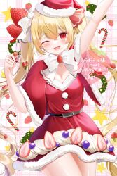 Rule 34 | 1girl, ;d, belt, black belt, blonde hair, blush, bow, breasts, candy, candy cane, capelet, cleavage, commentary, commission, double-parted bangs, dress, eyeshadow, food, fruit, fur-trimmed dress, fur-trimmed headwear, fur trim, hat, highres, ichigono parfait, indie virtual youtuber, long hair, makeup, medium breasts, ohagetty, one eye closed, open mouth, red capelet, red dress, red eyes, red eyeshadow, red hat, santa dress, santa hat, skeb commission, smile, solo, strawberry, twintails, white bow