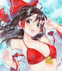 Rule 34 | 1girl, :d, alto2019, bikini, bow, breasts, brown eyes, brown hair, cleavage, collarbone, commentary, detached sleeves, frilled bow, frilled hair tubes, frills, hair bow, hair tubes, hakurei reimu, happy, highres, long hair, long sleeves, open mouth, outdoors, red bikini, red bow, red ribbon, ribbon, ribbon-trimmed sleeves, ribbon trim, sample watermark, sidelocks, small breasts, smile, solo, swimsuit, touhou, traditional media, watermark, wide sleeves, yellow ribbon