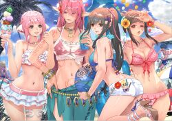 Rule 34 | 4boys, 4girls, arm grab, arm up, ass, ball, balloon, beach, beachball, bead bracelet, beads, bikini, bikini skirt, black hair, blue eyes, blunt bangs, bracelet, braid, breasts, brown eyes, brown hair, claude c. kenny, cleavage, crossover, cup, day, dress, drink, drinking straw, edge maverick, facial mark, fidel camuze, flower, food, french braid, frilled bikini, frills, full-body tattoo, hair flower, hair ornament, hair ribbon, halterneck, hand on own hip, high heels, high ponytail, highres, holding, holding cup, holding food, ice cream, ice cream cone, jewelry, large breasts, leg up, long hair, looking at viewer, medium breasts, miki sauvester, multiple boys, multiple girls, myuria tionysus, navel, necklace, official art, open mouth, outdoors, palm tree, parted lips, pink bikini, pink hair, pointy ears, polka dot, polka dot bikini, pubic tattoo, purple dress, revision, ribbon, saionji reimi, shell hair ornament, short shorts, shorts, smile, sophia esteed, star ocean, star ocean anamnesis, star ocean integrity and faithlessness, star ocean the last hope, star ocean till the end of time, starfish hair ornament, swimsuit, tattoo, thigh strap, too many, too many scoops, tree, wide hips, wince, yasuda akira