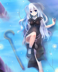 Rule 34 | 1girl, blue eyes, blue theme, leg up, legs, long hair, lying, mabinogi, mirutulove, nao (mabinogi), short twintails, silver hair, sleeveless, solo, staff, twintails, two side up, water, wet, wet clothes
