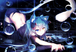 Rule 34 | 1girl, :3, animal ears, aqua hair, ass, back, blue eyes, bubble, butt crack, cat ears, cat girl, cat tail, floating, hatsune miku, heterochromia, highres, kneeling, long hair, looking at viewer, on floor, qys3, revision, ribbon, slit pupils, solo, tail, thighhighs, twintails, vocaloid, yellow eyes, zettai ryouiki