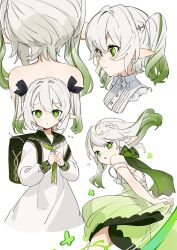 Rule 34 | + +, 1girl, :o, backpack, bag, blush, closed mouth, dress, elf, flat chest, from behind, genshin impact, gotou (nekocat), gradient hair, green dress, green eyes, grey hair, highres, light smile, long hair, long pointy ears, long sleeves, looking at viewer, multicolored hair, multiple views, nahida (genshin impact), open mouth, pointy ears, randoseru, strap slip, twintails, white dress