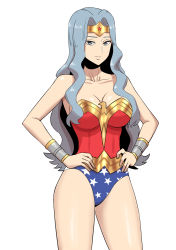 Rule 34 | 1girl, absurdres, bad id, bad pixiv id, bare shoulders, blue eyes, blue hair, bracelet, breasts, cleavage, collarbone, cosplay, cowboy shot, creatures (company), dc comics, elite four, game freak, hands on own hips, highres, jewelry, karen (pokemon), large breasts, leotard, long hair, nintendo, pokemon, pokemon hgss, simple background, smile, solo, strapless, tiara, vmfhaldnjfem, white background, wonder woman, wonder woman (cosplay), wonder woman (series)