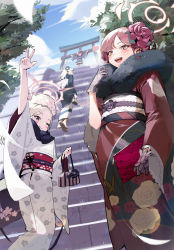 Rule 34 | 4girls, :d, absurdres, arm up, aru (blue archive), aru (new year) (blue archive), bag, blue archive, blurry, blurry background, blush, closed mouth, cloud, cloudy sky, dutch angle, floral print, flower, frilled sleeves, frills, from below, fur-trimmed kimono, fur collar, fur trim, geta, gloves, hair flower, hair ornament, halo, haruka (blue archive), haruka (new year) (blue archive), highres, holding, holding bag, holding wallet, japanese clothes, kawa683, kayoko (blue archive), kayoko (new year) (blue archive), kimono, kinchaku, long hair, long sleeves, looking ahead, looking at another, looking back, multiple girls, mutsuki (blue archive), mutsuki (new year) (blue archive), obi, on stairs, one eye closed, open mouth, parted bangs, pouch, purple eyes, red hair, red kimono, ringlets, sash, silver hair, sky, smile, stairs, standing, torii, tree, v, wallet, white kimono, wide sleeves, yellow eyes