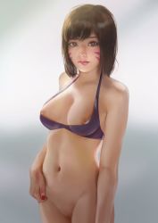 Rule 34 | 1girl, absurdres, bikini, bikini top only, bottomless, breasts, brown eyes, brown hair, cleavage, cowboy shot, d.va (overwatch), facepaint, facial mark, firolian, gradient background, grey background, highres, lips, long hair, looking at viewer, medium breasts, nail polish, navel, nipple slip, nipples, nose, overwatch, overwatch 1, pink lips, purple bikini, pussy, realistic, red nails, solo, swimsuit, uncensored, whisker markings