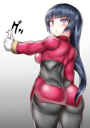 Rule 34 | 1girl, ass, black bodysuit, black hair, blush, bodysuit, bodysuit under clothes, commentary request, creatures (company), game freak, gloves, highres, long hair, looking at viewer, looking back, microskirt, nintendo, pokemon, pokemon frlg, purple eyes, red shirt, red skirt, sabrina (pokemon), shirt, skirt, solo, sumida kichi, thumbs up, white gloves