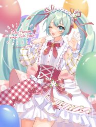 Rule 34 | 1girl, absurdres, back bow, balloon, blue eyes, blue hair, blush, bow, collared dress, corset, detached sleeves, dress, frilled skirt, frills, hair ribbon, hairband, happy anniversary, hatsune miku, headphones, highres, ikura uni party, index finger raised, long hair, long sleeves, looking at viewer, maid headdress, musical note, musical note print, neck ribbon, open mouth, puffy long sleeves, puffy sleeves, ribbon, skirt, sleeveless, sleeveless dress, smile, solo, strawberry miku (morikura), twintails, very long hair, vocaloid