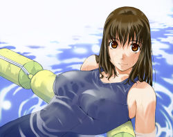 Rule 34 | 1girl, breasts, brown eyes, brown hair, covered erect nipples, lane line, large breasts, leaning back, long hair, lying, on back, one-piece swimsuit, pool, ripples, school swimsuit, smile, solo, swimsuit, takeda sun, water, wet