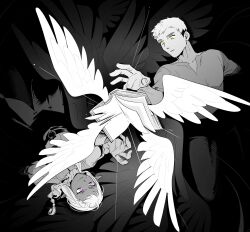 Rule 34 | 2boys, black background, book, dark-skinned male, dark skin, dungeon meshi, elf, feathered wings, green eyes, hand up, highres, laios touden, long sleeves, looking at object, male focus, multiple boys, pants, parted lips, pointy ears, purple eyes, robodumpling, short hair, simple background, spot color, thistle (dungeon meshi), undercut, upside-down, very short hair, wings