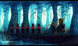 Rule 34 | 1girl, black dress, commentary request, dress, forest, glowing, glowing eyes, hat, hat ribbon, holding hands, jizou, koto inari, letterboxed, long hair, nature, polearm, ribbon, river, shiki eiki, skull, statue, touhou, walking, weapon, wide sleeves