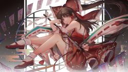 Rule 34 | 1girl, antenna hair, artist name, ascot, bingbingbing, bow, brown hair, chinese commentary, commentary request, dated, detached sleeves, floating, frilled bow, frilled hair tubes, frilled skirt, frills, from side, gohei, hair bow, hair tubes, hakurei reimu, highres, holding, holding gohei, long hair, looking at viewer, looking to the side, making-of available, mary janes, ofuda, parted lips, ponytail, red bow, red eyes, red footwear, red skirt, red vest, ribbon-trimmed sleeves, ribbon trim, sarashi, shoes, sidelocks, skirt, skirt set, socks, solo, touhou, very long hair, vest, white socks, wide sleeves, yellow ascot