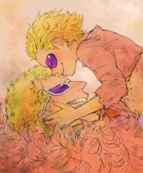 Rule 34 | 2boys, aged down, blonde hair, carrying, carrying person, child, closed eyes, coat, donquixote doflamingo, eyes visible through eyewear, feather coat, kiss, kissing forehead, lifted by self, mawari28, multiple boys, one piece, pink coat, pink shirt, purple-tinted eyewear, shirt, short hair, smile, sunglasses, teeth, tinted eyewear, white-framed eyewear