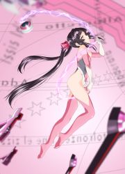Rule 34 | 10s, 1girl, black hair, blurry, blush, bow, breasts, commentary request, depth of field, elbow gloves, erufa (pixiv), from side, full body, gloves, hair bow, highleg, highleg leotard, highres, leotard, long hair, looking at viewer, parted lips, pink eyes, pink leotard, pink thighhighs, profile, senki zesshou symphogear, shiny clothes, small breasts, thighhighs, tsukuyomi shirabe, twintails, very long hair, yo-yo