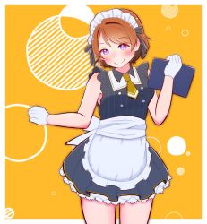 Rule 34 | 1girl, apron, artist name, artist request, bare legs, black dress, black ribbon, black skirt, blush, breasts, brown hair, brown necktie, buttons, cafe maid (love live!), collared dress, dress, female focus, frilled apron, frilled shirt collar, frilled skirt, frills, gloves, hair between eyes, hair ribbon, highres, holding, holding menu, koizumi hanayo, looking at viewer, love live!, love live! school idol festival, love live! school idol project, maid, maid apron, maid headdress, menu, miniskirt, necktie, parted lips, plaid, plaid dress, plaid skirt, pleated, pleated dress, pleated skirt, purple eyes, ribbon, short hair, skirt, sleeveless, sleeveless dress, small breasts, smile, solo, white apron, white gloves, white headdress, yellow background