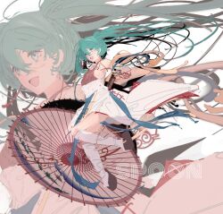 1girl absurdres alternate_costume aqua_eyes chinese_commentary commentary_request english_text flat_chest full_body green_hair hair_between_eyes hatsune_miku highres long_hair necessarytothink oil-paper_umbrella open_mouth red_tank_top skirt smile socks solo tank_top twintails umbrella variant_set vocaloid white_skirt white_socks zoom_layer