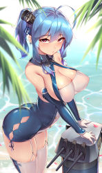 Rule 34 | absurdres, ahoge, argyle, argyle clothes, argyle cutout, ass, azur lane, bare shoulders, blue hair, breasts, cannon, cleavage, clothing cutout, commentary request, covered erect nipples, dress, garter straps, gloves, hair between eyes, hair ornament, highres, large breasts, leaning forward, looking at viewer, machinery, pink eyes, purple eyes, rigging, see-through, sgt-jz, side ponytail, skindentation, solo, st. louis (azur lane), standing, taut clothes, taut dress, thighhighs, turret, two-tone dress, water, waves, white gloves, white thighhighs