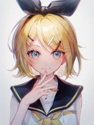 Rule 34 | 1girl, bare shoulders, black bow, black collar, blonde hair, blue eyes, bow, collar, commentary, hair bow, hair ornament, hairclip, hand on own chin, highres, kagamine rin, looking at viewer, neckerchief, retas 123, sailor collar, school uniform, shirt, short hair, sleeveless, sleeveless shirt, smile, solo, swept bangs, symbol-only commentary, treble clef, upper body, vocaloid, white shirt, yellow neckerchief