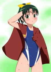 Rule 34 | 10s, 1girl, competition swimsuit, green eyes, green hair, highres, hoshino sora, matching hair/eyes, midorikawa nao, one-piece swimsuit, ponytail, precure, short hair, smile precure!, solo, swimsuit, towel, wet