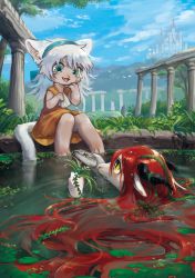 Rule 34 | 2girls, absurdres, castle, child, crying, day, dress, fantasy, female focus, fish, furry, furry female, grass, highres, horns, long hair, midori036, multiple girls, original, outdoors, partially submerged, red hair, sitting, tears, water, wet, white hair