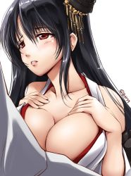 Rule 34 | 10s, 1girl, admiral (kancolle), akatsuki akane, bare shoulders, black hair, breasts, detached sleeves, fusou (kancolle), hair ornament, highres, huge breasts, japanese clothes, kantai collection, long hair, open mouth, red eyes, solo focus