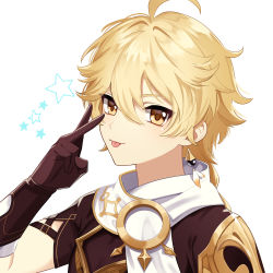 Rule 34 | 1boy, aether (genshin impact), ahoge, blonde hair, blush, braid, brown gloves, earrings, genshin impact, gloves, hair between eyes, highres, jewelry, long hair, looking at viewer, male focus, pinchi, simple background, single braid, single earring, solo, star (symbol), tongue, tongue out, upper body, v, v over eye, white background, yellow eyes