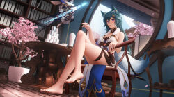 Rule 34 | 1girl, animal ears, aqua hair, architecture, bare shoulders, barefoot, blue sky, blush, breasts, chair, cherry blossoms, crossed legs, east asian architecture, feet, fox ears, fox girl, fox tail, full body, hair between eyes, heart, heart-shaped pupils, highres, honkai: star rail, honkai (series), indoors, large breasts, legs, ling dianxia, long hair, looking at viewer, mahjong, mahjong tile, medium breasts, parted lips, plant, potted plant, purple eyes, sitting, skindentation, sky, solo, symbol-shaped pupils, table, tail, toenails, toes, waist cutout, yukong (honkai: star rail)