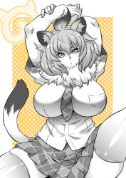 Rule 34 | 1girl, animal ear fluff, animal ears, arms up, bare arms, big hair, breast pocket, breasts, commentary request, fur collar, hair between eyes, hand on own arm, head tilt, huge breasts, impossible clothes, impossible shirt, japari symbol, kemono friends, knee up, lion (kemono friends), lion ears, lion tail, looking at viewer, miniskirt, musashino sekai, necktie, parted lips, plaid, plaid necktie, plaid neckwear, plaid skirt, plaid sleeves, pocket, ringed eyes, shiny clothes, shiny legwear, shirt, short sleeves, sitting, skindentation, skirt, solo, spread legs, tail, thighhighs, zettai ryouiki