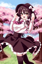 Rule 34 | 1girl, bad id, bad pixiv id, black hair, black skirt, black thighhighs, blue sky, blush, bow, breasts, cherry blossoms, cloud, collared shirt, cowboy shot, day, frilled skirt, frills, garter straps, gorota, grass, hair bow, hands on headwear, hat, hat bow, highres, long hair, long sleeves, looking at viewer, necktie, open mouth, outdoors, red eyes, red necktie, ribbon, shirt, skirt, sky, smile, solo, spinning, thighhighs, touhou, tree, usami renko