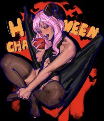 Rule 34 | 1girl, absurdres, black leotard, black sclera, breasts, brown thighhighs, chinese commentary, clothing cutout, colored sclera, commentary request, curled horns, dark-skinned female, dark skin, demon girl, demon horns, demon wings, fang, food, fruit, full body, highres, holding, holding food, holding fruit, horns, leotard, medium breasts, open mouth, orange eyes, original, pink hair, slit pupils, smile, solipsist, solo, thighhighs, underboob cutout, wings