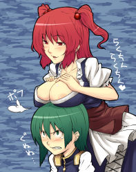 Rule 34 | 2girls, angry, areola slip, blush, breast rest, breasts, breasts on head, cleavage, fang, female focus, green hair, hair bobbles, hair ornament, hiroya juuren, large breasts, looking up, multiple girls, no bra, onozuka komachi, red hair, shiki eiki, teasing, touhou, twintails, two side up