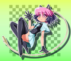 Rule 34 | 1990s (style), 1girl, :3, android, animal ears, black gloves, black thighhighs, cat ears, checkered background, excel saga, full body, gloves, green background, green skirt, highres, multicolored hair, pink eyes, pink hair, purple hair, retro artstyle, ropponmatsu 2, short hair, skirt, smile, solo, symphysodon, thighhighs, two-tone hair