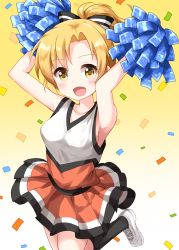 Rule 34 | 1girl, anima yell!, arm up, black bow, black legwear, blonde hair, bow, breasts, cheering, cheerleader, confetti, gradient background, hair bow, highres, holding, holding pom poms, leg up, looking at viewer, medium breasts, multicolored bow, open mouth, pom pom (cheerleading), pom poms, ponytail, ruu (tksymkw), sawatari uki, shoes, short hair, sleeveless, smile, sneakers, solo, white bow, white footwear, yellow background, yellow eyes