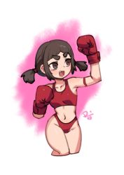 Rule 34 | 1girl, :d, arm up, bare shoulders, bikini, boxing gloves, breasts, brown eyes, brown hair, collarbone, commentary, cropped legs, difman, english commentary, fang, groin, highres, looking to the side, navel, open mouth, original, red bikini, short eyebrows, short twintails, small breasts, smile, solo, swimsuit, thick eyebrows, twintails, v-shaped eyebrows, white background
