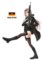 Rule 34 | 1girl, absurdres, assault rifle, belt, black footwear, black gloves, black jacket, black shorts, black thighhighs, blazer, blonde hair, blue eyes, boots, character name, cyka, east german, girls&#039; frontline, gloves, gun, hairband, hand on weapon, highres, holding, holding weapon, jacket, long hair, looking at viewer, military, rifle, shorts, smile, solo, stg-940 (girls&#039; frontline), thighhighs, truth, weapon, white background, wieger stg-940