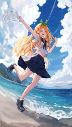 Rule 34 | 1girl, :d, ^ ^, absurdres, aged down, arm up, beach, black neckerchief, black sailor collar, blue footwear, blue skirt, blue sky, blush, clenched hand, closed eyes, cloud, commentary request, day, eyelashes, full body, go-toubun no hanayome, green ribbon, hair between eyes, hair ribbon, hair spread out, hand up, happy, highres, holding, holding paper, long hair, nakano yotsuba, navel, neckerchief, ocean, open mouth, orange hair, outdoors, paper, pleated skirt, raikun raikun, ribbon, running, sailor collar, school uniform, serafuku, shirt, shoes, skirt, sky, smile, sneakers, solo, standing, standing on one leg, teeth, upper teeth only, very long hair, white shirt, wind, wind lift