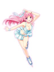 Rule 34 | 1girl, bare shoulders, bikini, bikini skirt, blush, bow, breasts, cleavage, collarbone, dolphin blade, full body, hair bow, ice skates, large breasts, leg up, long hair, looking at viewer, mogami noa, official art, outline, pink hair, purple eyes, skates, smile, solo, swimsuit, transparent background, wristband