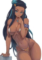 Rule 34 | 1girl, absurdres, alterlesott, areola slip, armband, bare shoulders, bikini, black hair, blue eyes, blue nail polish, blue nails, blue streaks, breasts, cleavage, collarbone, contrapposto, creatures (company), dark-skinned female, dark areolae, dark skin, earrings, finger to mouth, game freak, hand on table, highleg, highleg bikini, highres, hoop earrings, jewelry, large breasts, leaning to the side, linea alba, looking to the side, micro bikini, multicolored hair, muscular, muscular arms, muscular female, muscular legs, nail polish, narrow waist, navel, necklace, nessa (pokemon), nintendo, numbered, pinup (style), pokemon, pokemon swsh, revision, side-tie bikini bottom, simple background, solo, streaked hair, swimsuit, thick thighs, thigh gap, thighs, toned, toned female, toned stomach, two-tone hair, wide hips