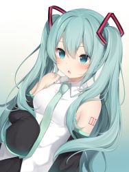 Rule 34 | 1girl, amashiro natsuki, aqua hair, bare shoulders, black skirt, black sleeves, breasts, collared shirt, commentary, detached sleeves, dutch angle, green hair, green necktie, hair between eyes, hair ornament, hatsune miku, highres, long hair, long sleeves, necktie, pleated skirt, shirt, sidelocks, skirt, sleeveless, sleeveless shirt, sleeves past fingers, sleeves past wrists, small breasts, solo, twintails, very long hair, vocaloid, white shirt
