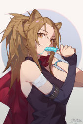 Rule 34 | 1girl, animal ears, arknights, bandaged arm, bandages, bangs pinned back, black shirt, black sleeves, blonde hair, blue background, chinese commentary, circle, commentary request, detached sleeves, endlessdarkness, food, food on face, from side, grey background, halterneck, hands up, highres, holding, holding clothes, holding food, holding jacket, jacket, jacket over shoulder, unworn jacket, lion ears, long hair, looking at viewer, looking to the side, orange eyes, ponytail, popsicle, red jacket, shirt, siege (arknights), signature, solo, upper body