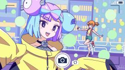 Rule 34 | 2girls, asymmetrical hair, backpack, bag, blush, breasts, creatures (company), denim, denim shorts, fang, fangs, female focus, game boy, game freak, gen 1 pokemon, gen 2 pokemon, gen 9 pokemon, green eyes, hair tie, handheld game console, highres, holding, iono (pokemon), legs, misty (pokemon), multiple girls, navel, nintendo, nintendo switch, phone, pokemon, pokemon (anime), pokemon (classic anime), pokemon sv, ponytail, selfie, shirt, shoes, short hair, short shorts, shorts, side ponytail, small breasts, sneakers, suspender shorts, suspenders, tank top, thighs, yellow shirt, yodo-k
